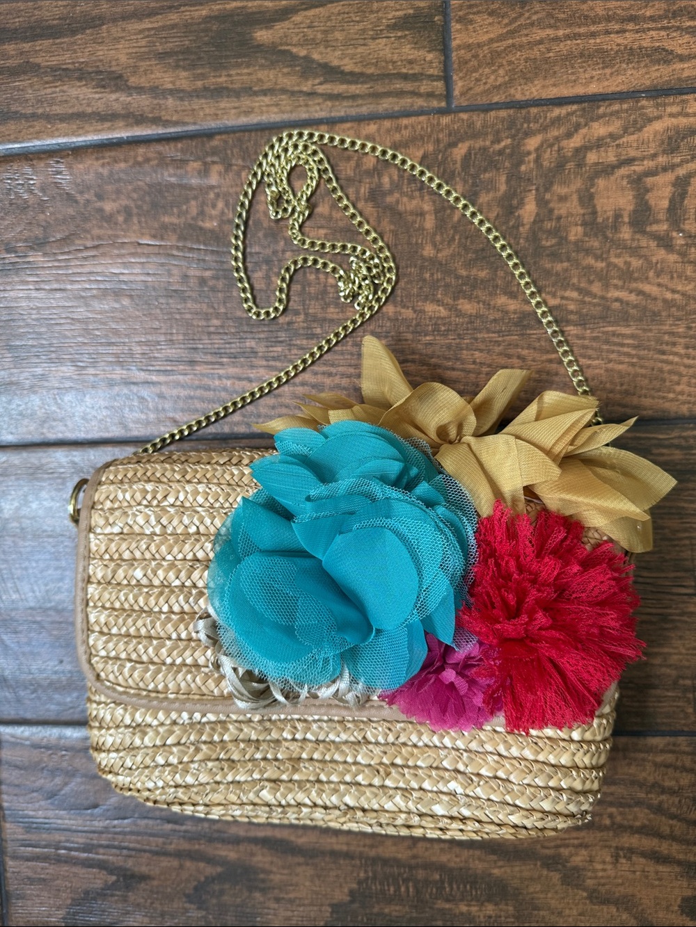 MCM Tiki Inspired Y2K Betsey Johnson Floral Straw Crossbody with Chain Strap